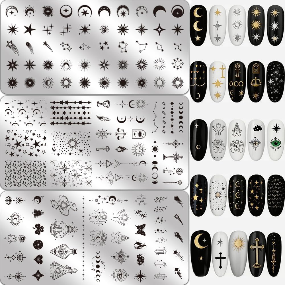 3 Sheets Nail Stamping Plate Moon and Stars 4.72 x 2.36 Inch Stainless Steel Nail Art Plates Magic Theme Moon Star Sun Various Pattern Reusable Template Stencil for Print Manicure Design