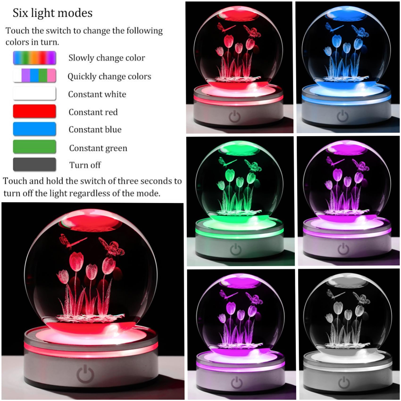 Movdyka 3D Crystal Tulip Ball with Butterflies Figurine Gifts Glass Tulips Flowers Gifts for Women Mom on Anniversary Wedding Christmas Valentines Mothers Day Home Decor Ornaments Statue Night Light