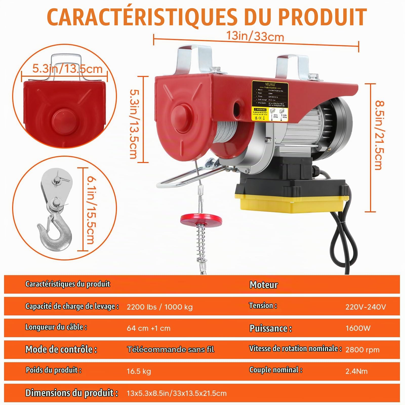 Treuil Électrique, Capacité de Levage de 1000 kg, Treuil de 12 m, Treuil Électrique 1600 W, Vitesse de Levage de 10 m/min, Avec Télécommande Radio Treuil à Câble Avec Poulies et Câble en Acier Tressé