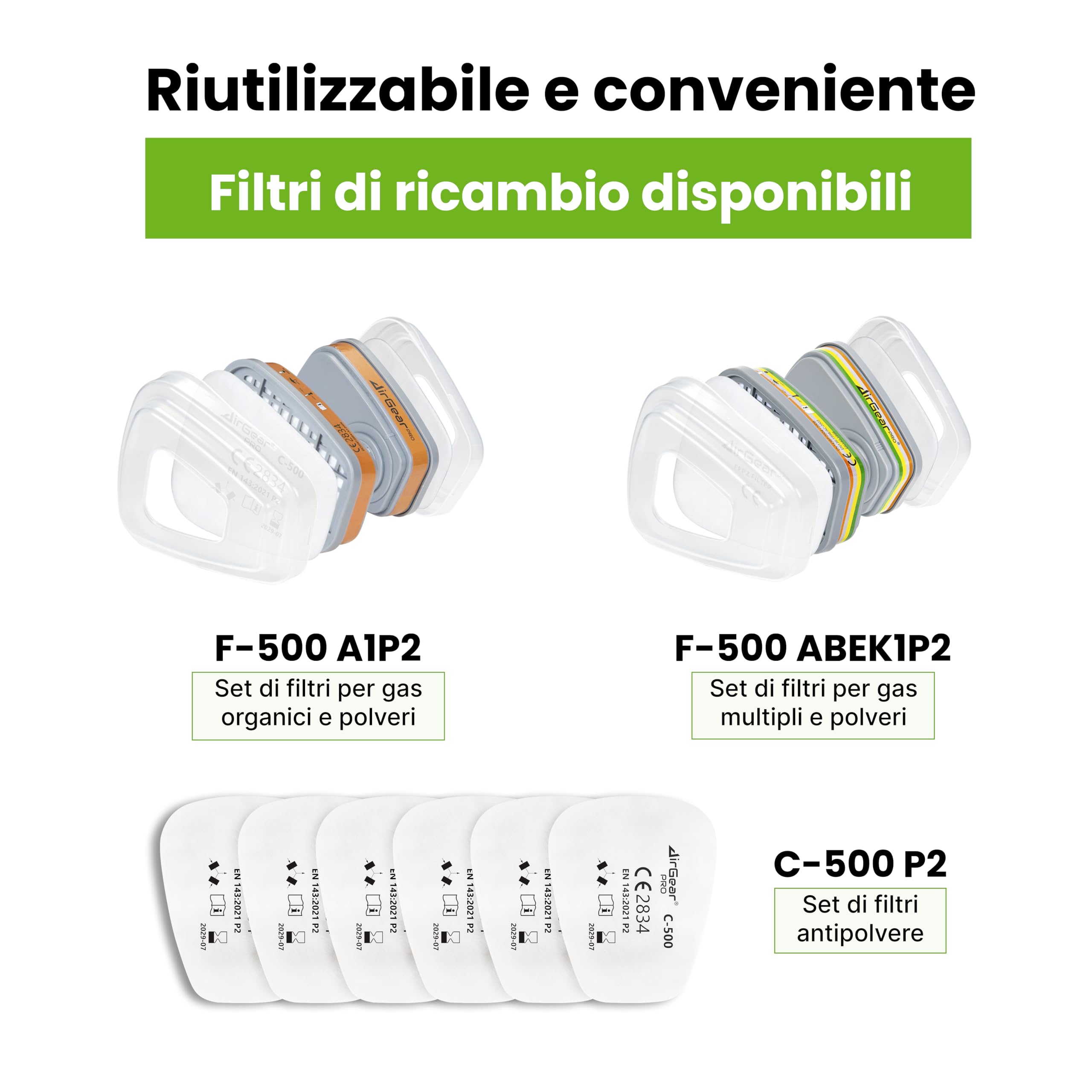 AirGearPro G-500 Maschera di protezione respiratoria riutilizzabile, anti-polvere, anti-gas, con filtri e occhiali di protezione per pittura, lavoro, fai da te, levigatura