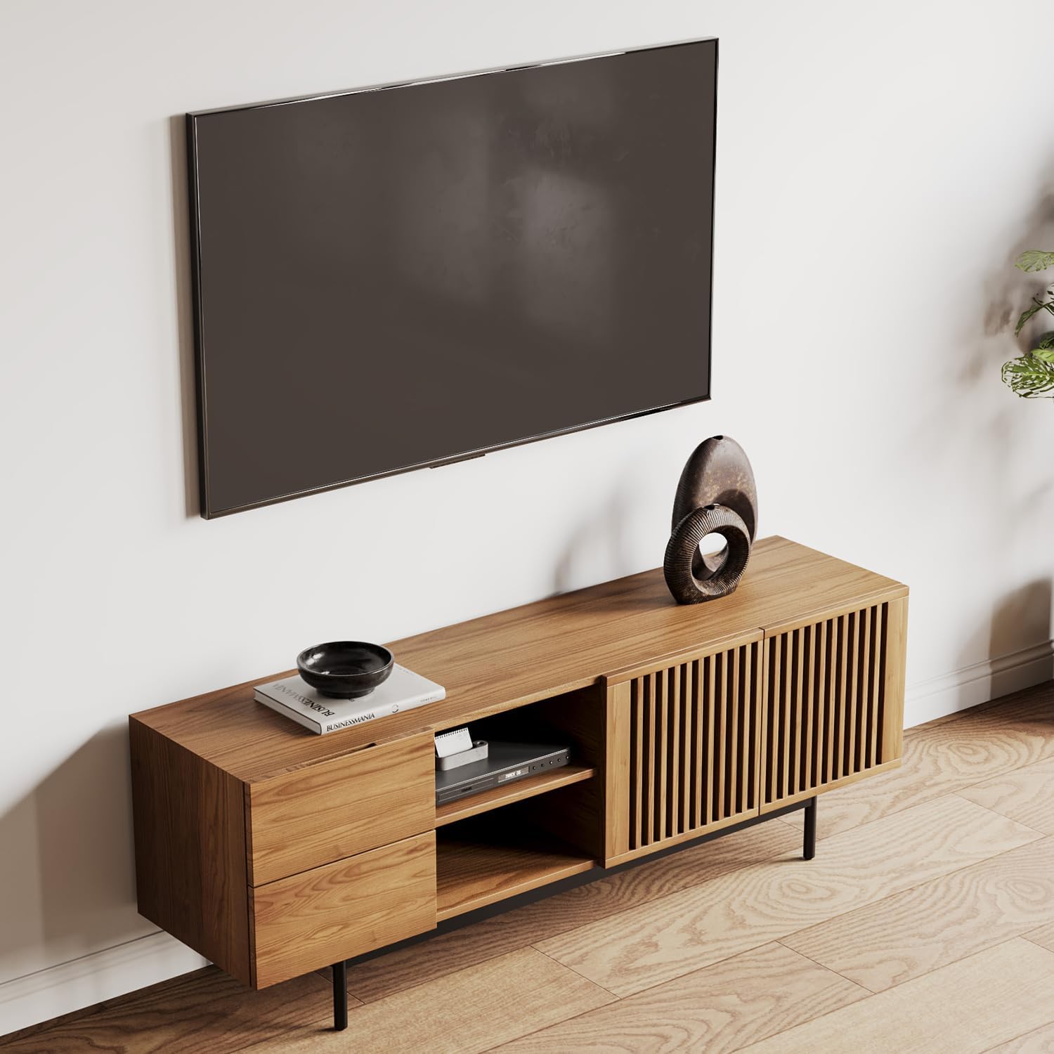 POVISON Mid Century Modern TV Stand, 62.99" Walnut Solid Wood Media Console for 55 inch TV, Full Assembled Entertainment Center with Storage for Living Room, Tall Cabinet with Metal Legs