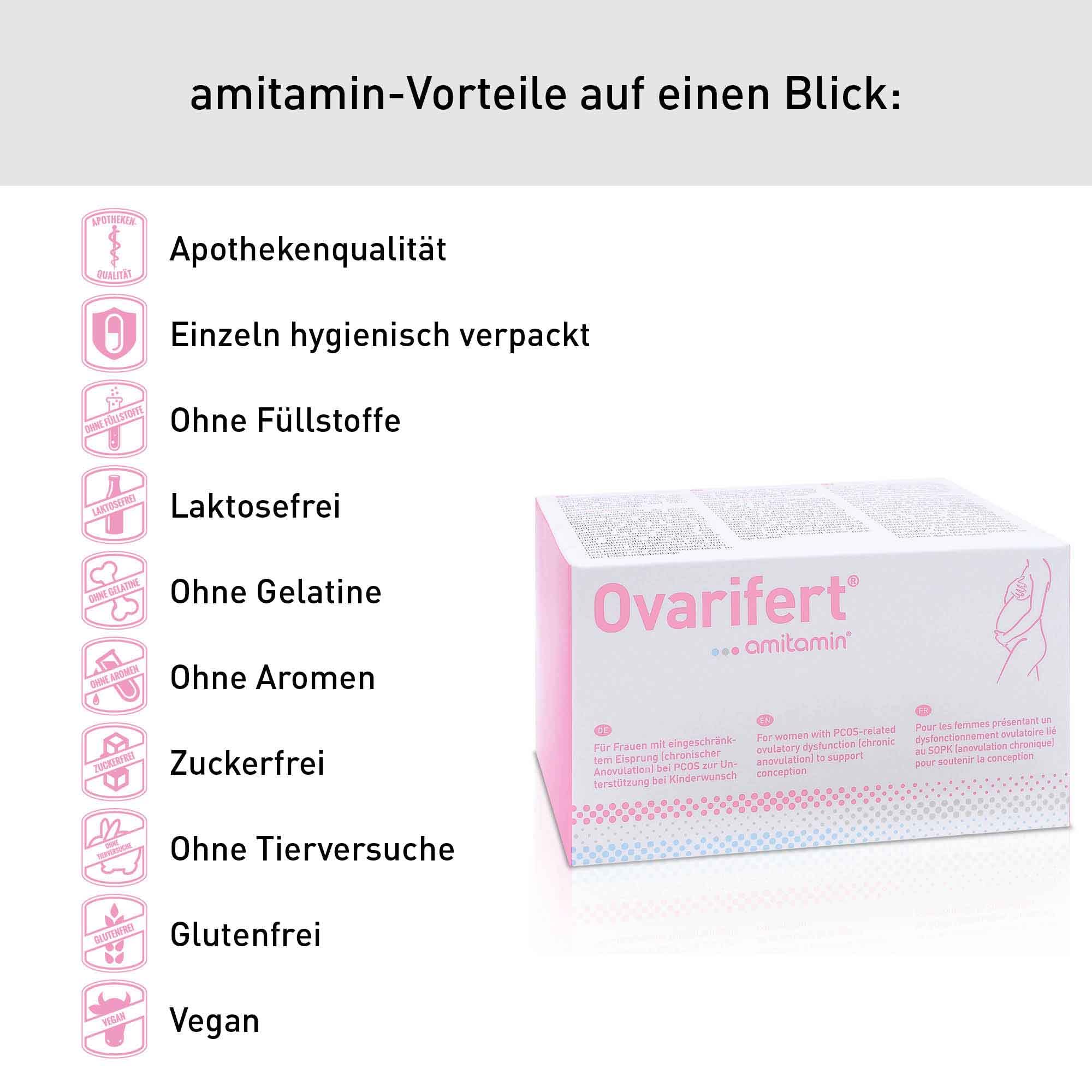 amitamin© Ovarifert | bei PCOS | 360 Kapseln | Mit Myo Inositol uvm | vegan | Bei Kinderwunsch + Schwangerschaft | mit Myo Inositol, D-chiro-Inositol, Vitamin C, D, B12 uvm. | deutsche Herstellung
