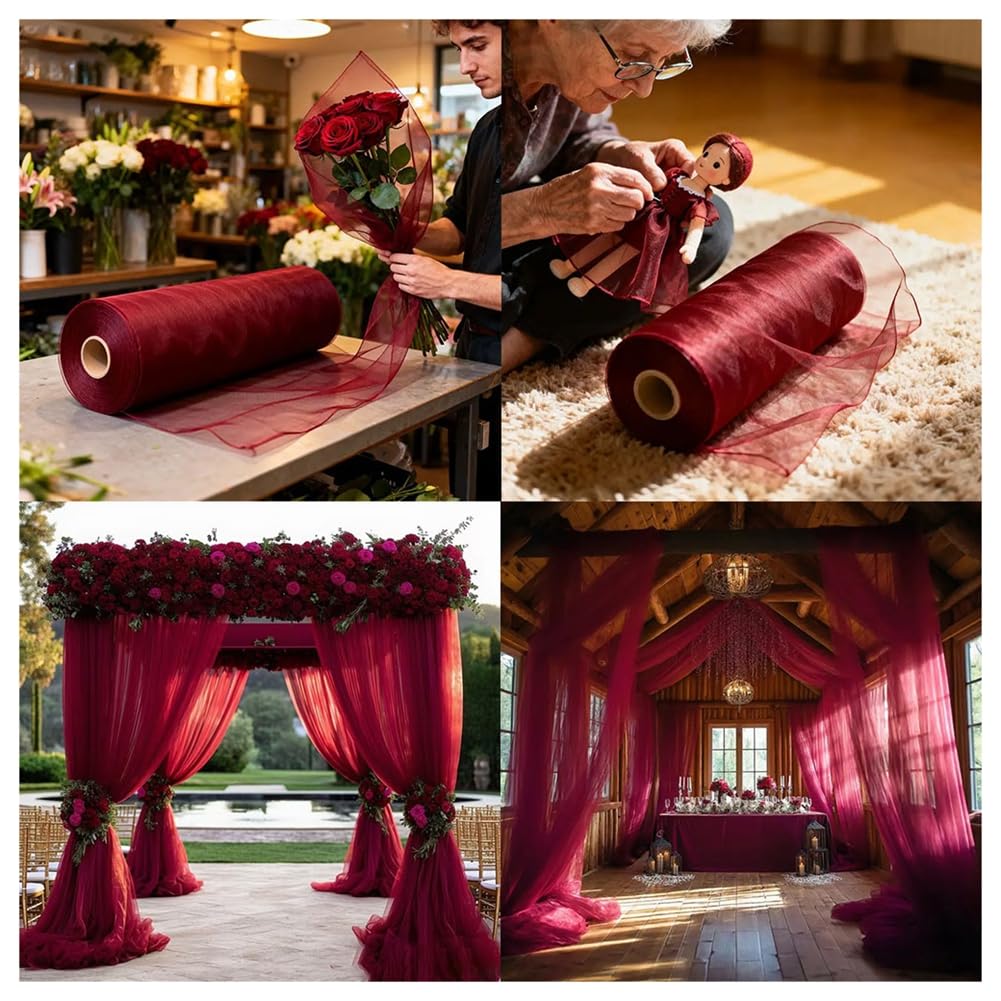 Tüllstoff Hochzeitsbogen Freihanddeko Querbehang Weinrot Tüll Stoff zum Nähen Netzstoff Dekostoff Drapierstoff für Hochzeits Hintergrund Kleid Rock Tischläufer Zeremonie Deko 100cm×100Yards