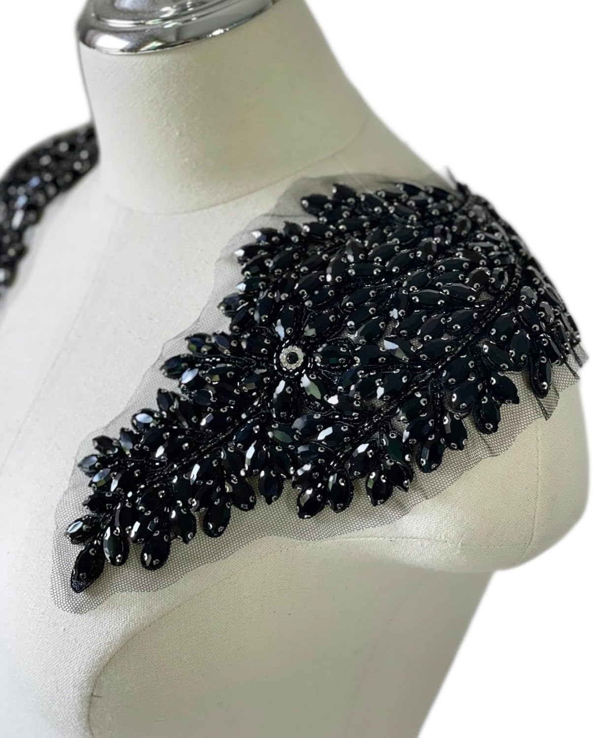 1 Pair Handmade Shining Black Rhinestones Applique Patches Sewing Beads Sequins Stone Trim Accessories for Wedding Dress Decoration,10.7" *5.9" Leaf Flower Applique (Black)