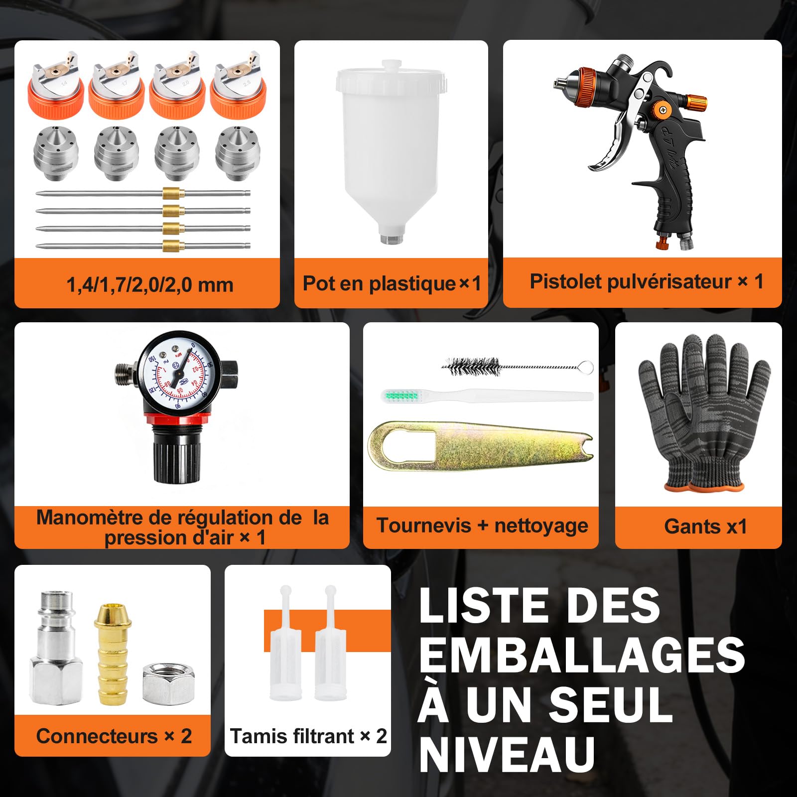 Pistolet à peinture professionnel HVLP avec buses de 1,4/1,7/2,0/2,5 mm, capacité de 600 ml et manomètre, idéal pour peintures de voiture, apprêts, vernis transparents, vernis de finition (orange/noir