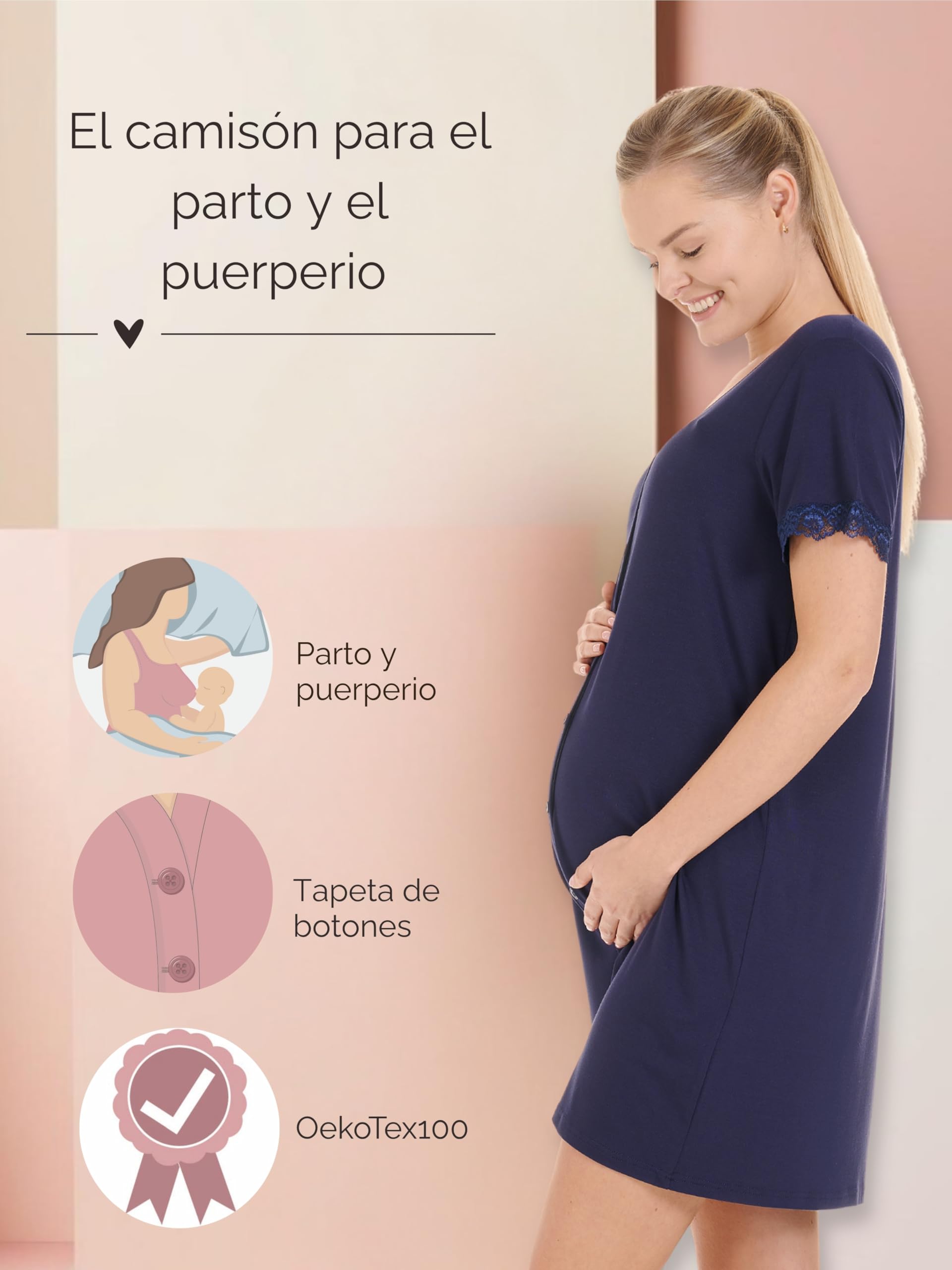 Herzmutter Camisón de Maternidad - Camisones de enfermería y Embarazo - Camisones de Maternidad del Hospital - Camisones para la Futura mamá – Flores–patrón–Tira–marítimo - 2800