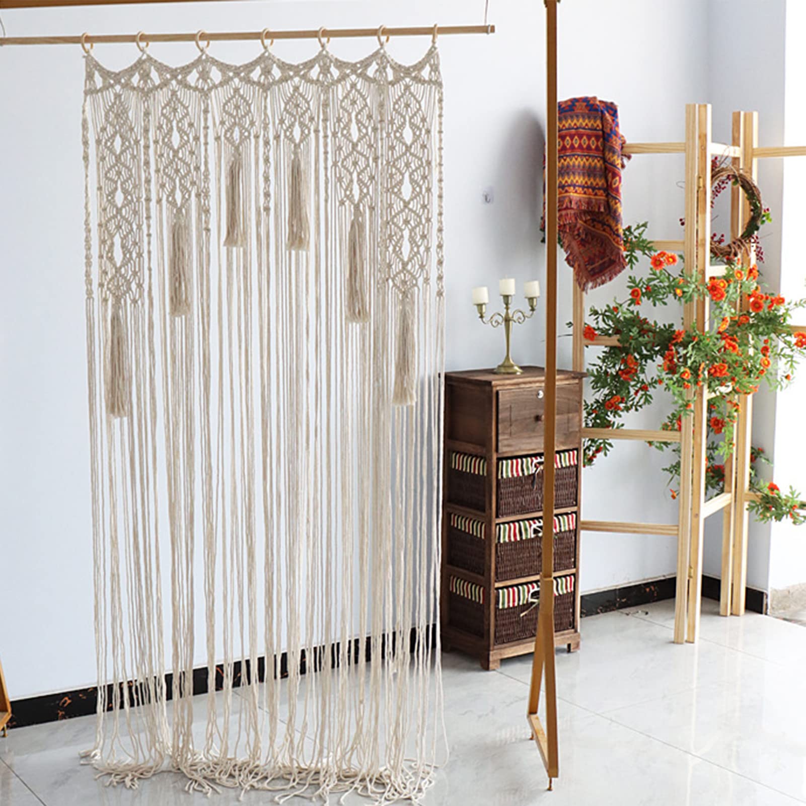 Jauhmui Boho Makramee Vorhang Wandtapisserie für Wohnzimmer, Schlafzimmer Balkon Deko Beige 85x200cm