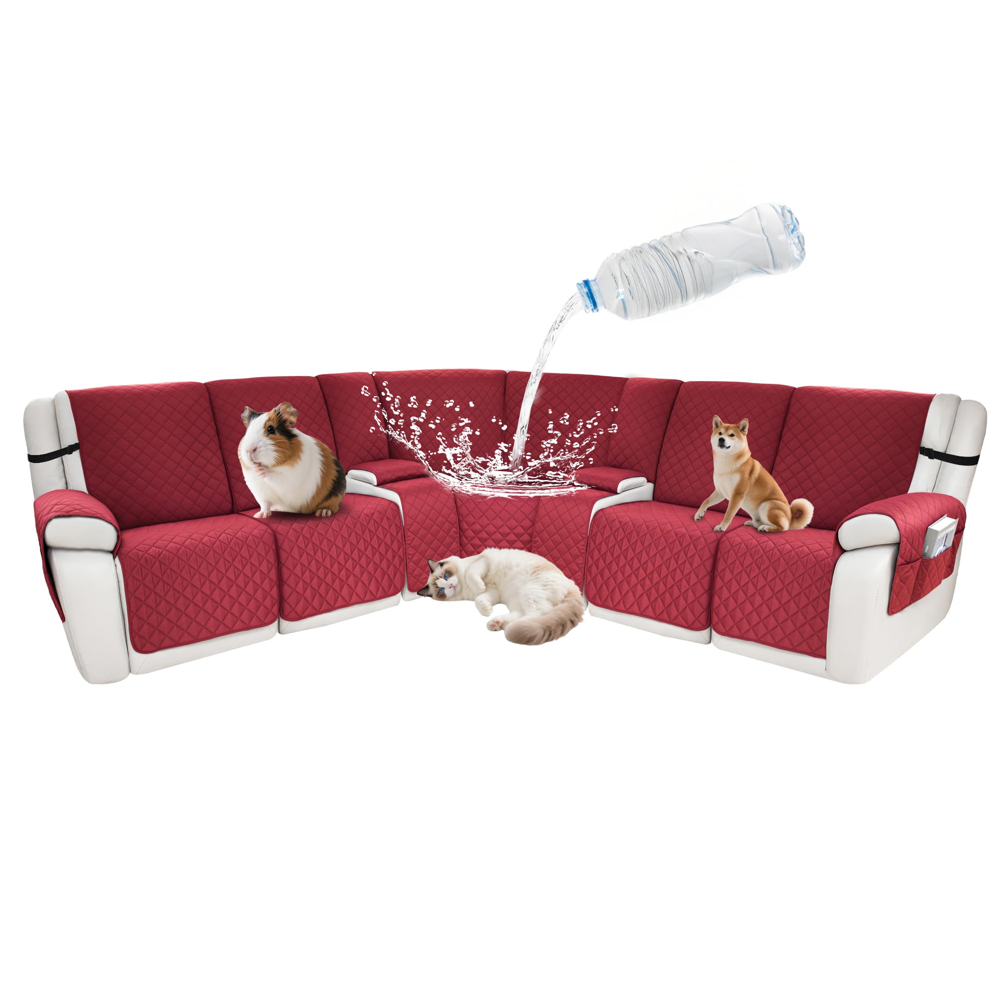 Waterproof Sectional Reclining Couch Covers L Shaped Recliner Sectional Sofa Cover 9 Piece Non Slip Washable Corner Recliner Slipcover Set for Pet Dog (5 Seater 2 Console Cover, Red)