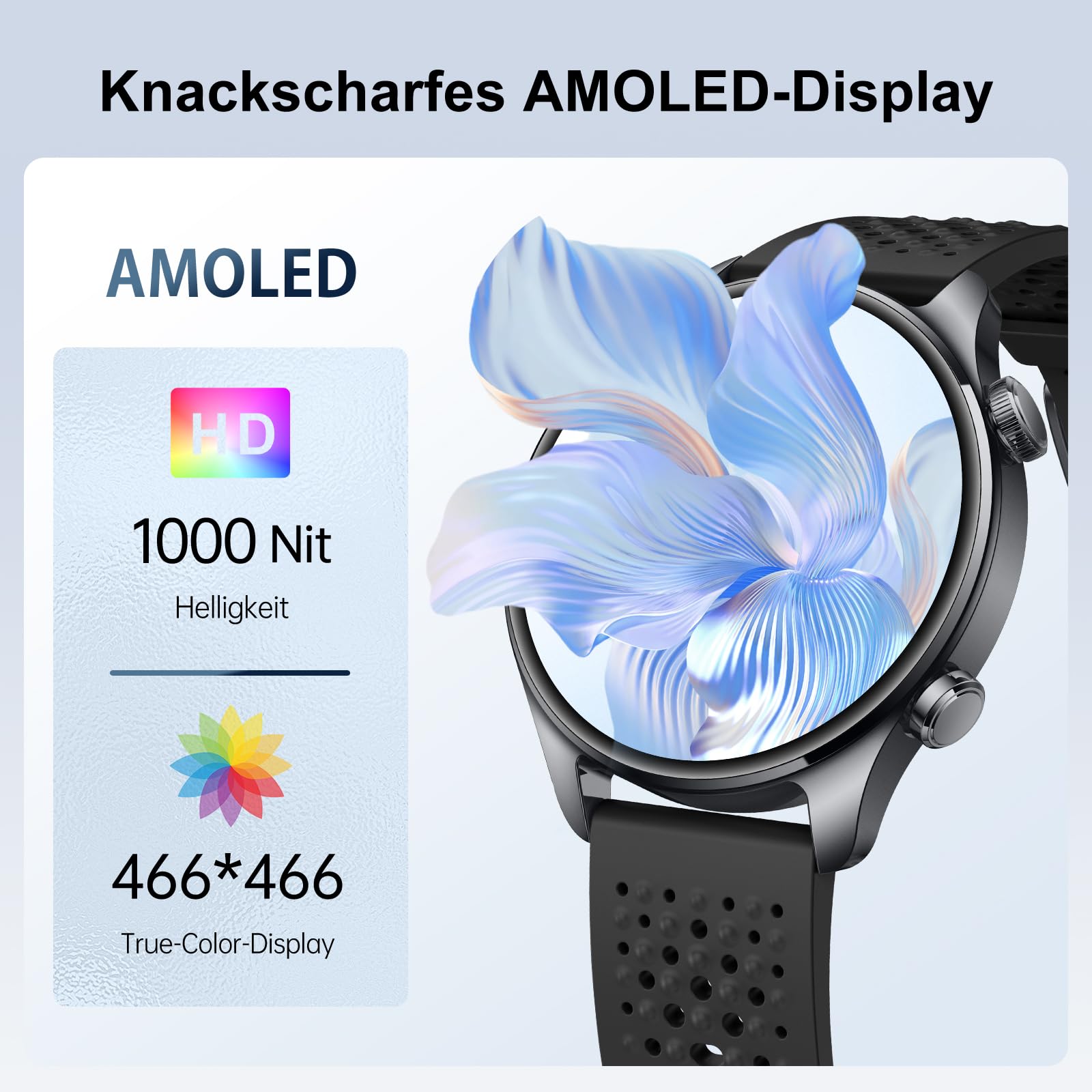 Smartwatch Herren mit GPS 30m Wasserdicht, Laufuhr für Android und iOS Blau | Herren Fitness Uhr Bluetooth Anruf Zolovip 1,44 Zoll AMOLED Rundes Display, Herzfrequenz/Schlaf/SpO2-Monitor, 100+ Sportmodi