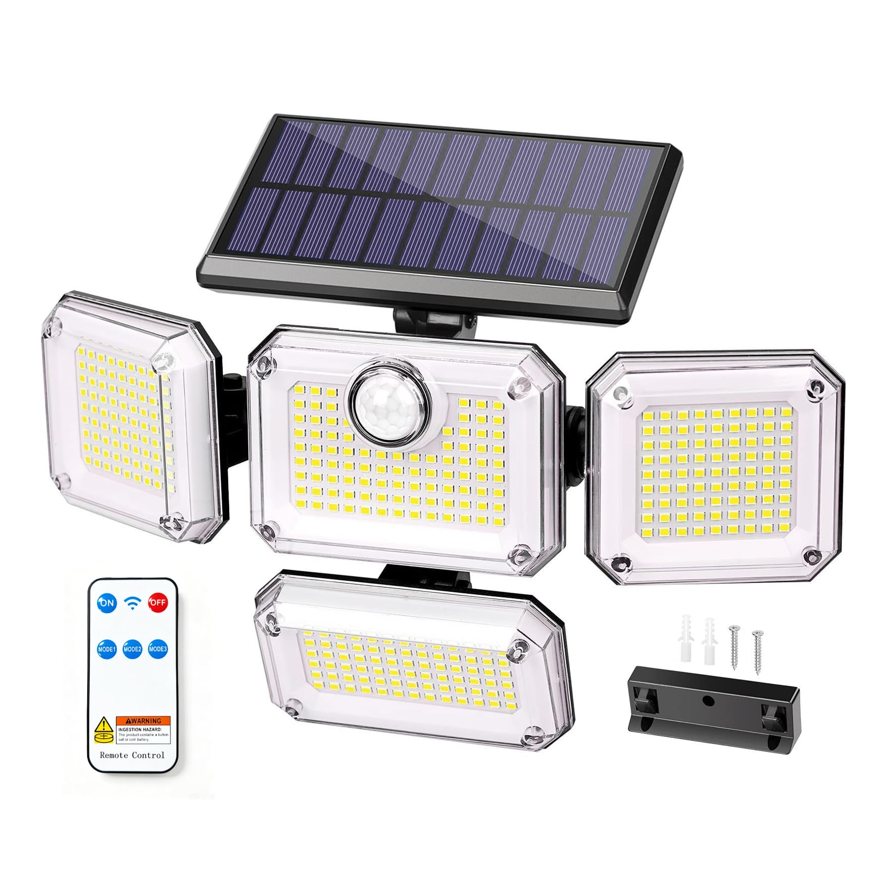 333LED Solar Wall Lights Outdoor Motion Sensor, IP65 Waterproof 270° Wide Angle Solar Security Lights Outdoor, 3 Adjustable Heads Remote Control 3 Modes Flood Lights for Front Door Yard Patio Garden