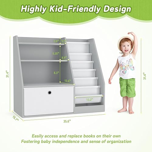 Miniatura 2 de TOETOL Estantería para niños, organizador de almacenamiento de libros, estante de madera para libros de 6 eslingas para niños, estantería de 3