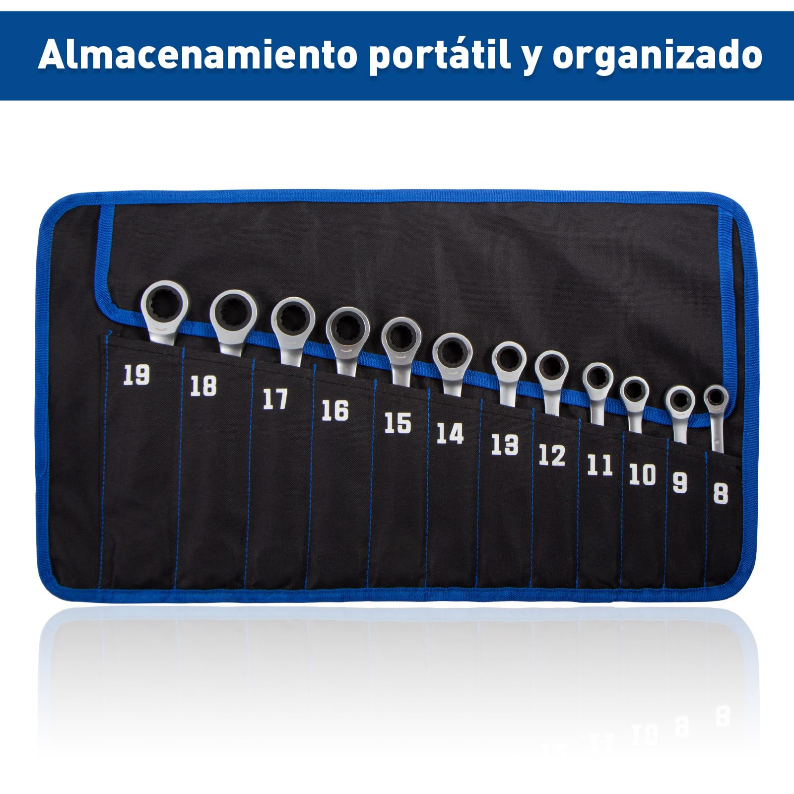 SORAKO Llaves Fijas 12Pcs, Llaves Fijas con Carraca 8-19mm con Bolsa de Almacenamiento, Juego de llaves, llaves Combinadas, Engranaje de Trinquete de 72 Dientes