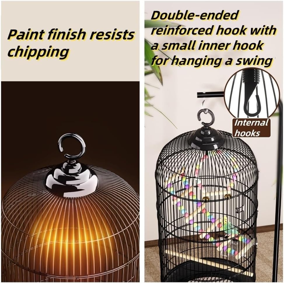 Bird Cage with Wire Mesh, Round Iron Bird Cage, Indoor Parrot Cage, for Small Parrots Parakeets Cockatiels(Black)