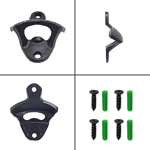 Miniatura 6 de Abridor de tapas de botellas negro montado en la pared de hierro fundido para botellas de cerveza abrebotellas de metal estacionario abierto aquí