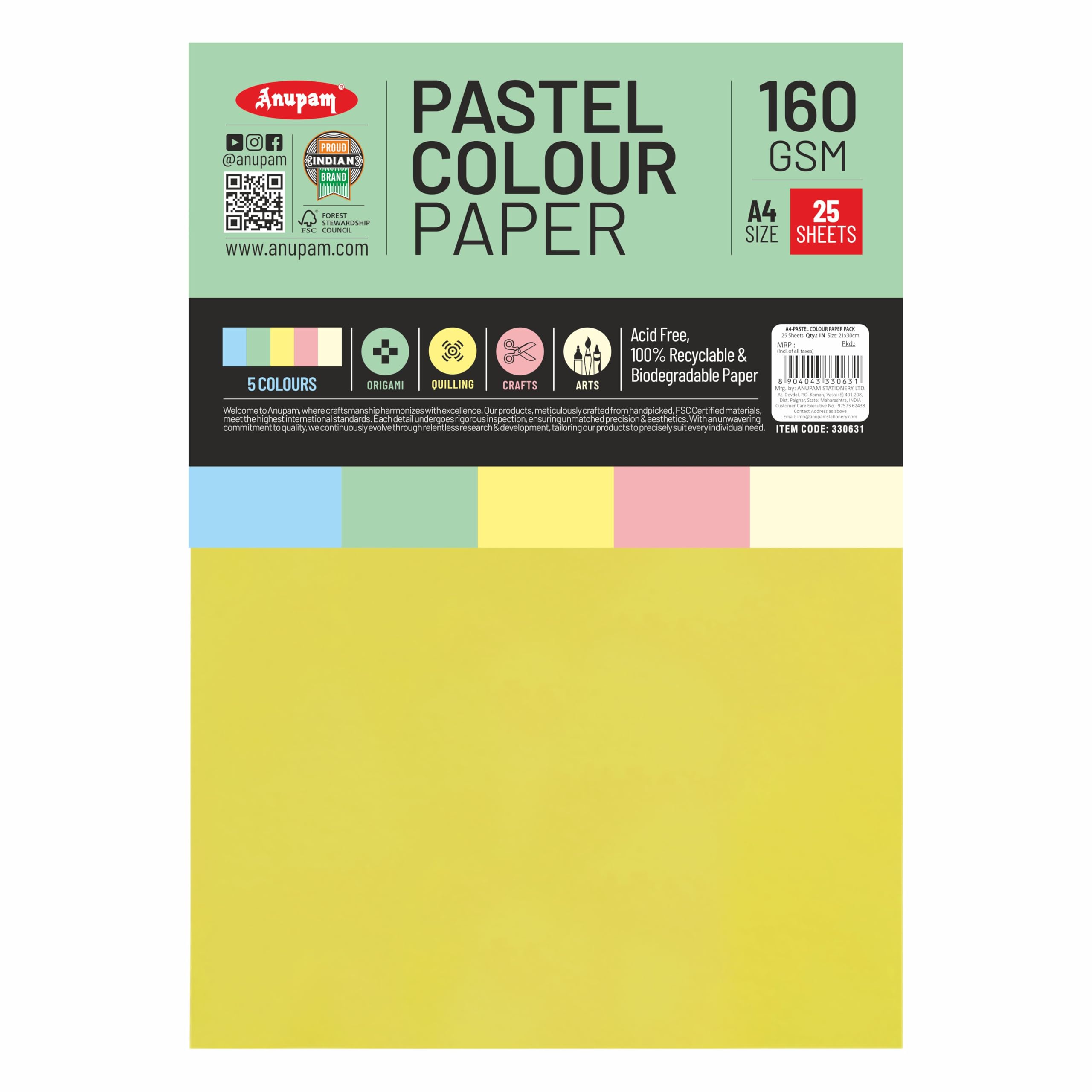 Anupam 25 Sheets Colored Pastel Craft Paper A4 Size 160 GSM 5 Assorted Color Paper Multi Color Card Stock Paper for Crafts, Card Making, Scrapbooking, DIY, School Supplies, Printing and Stationery-image-4