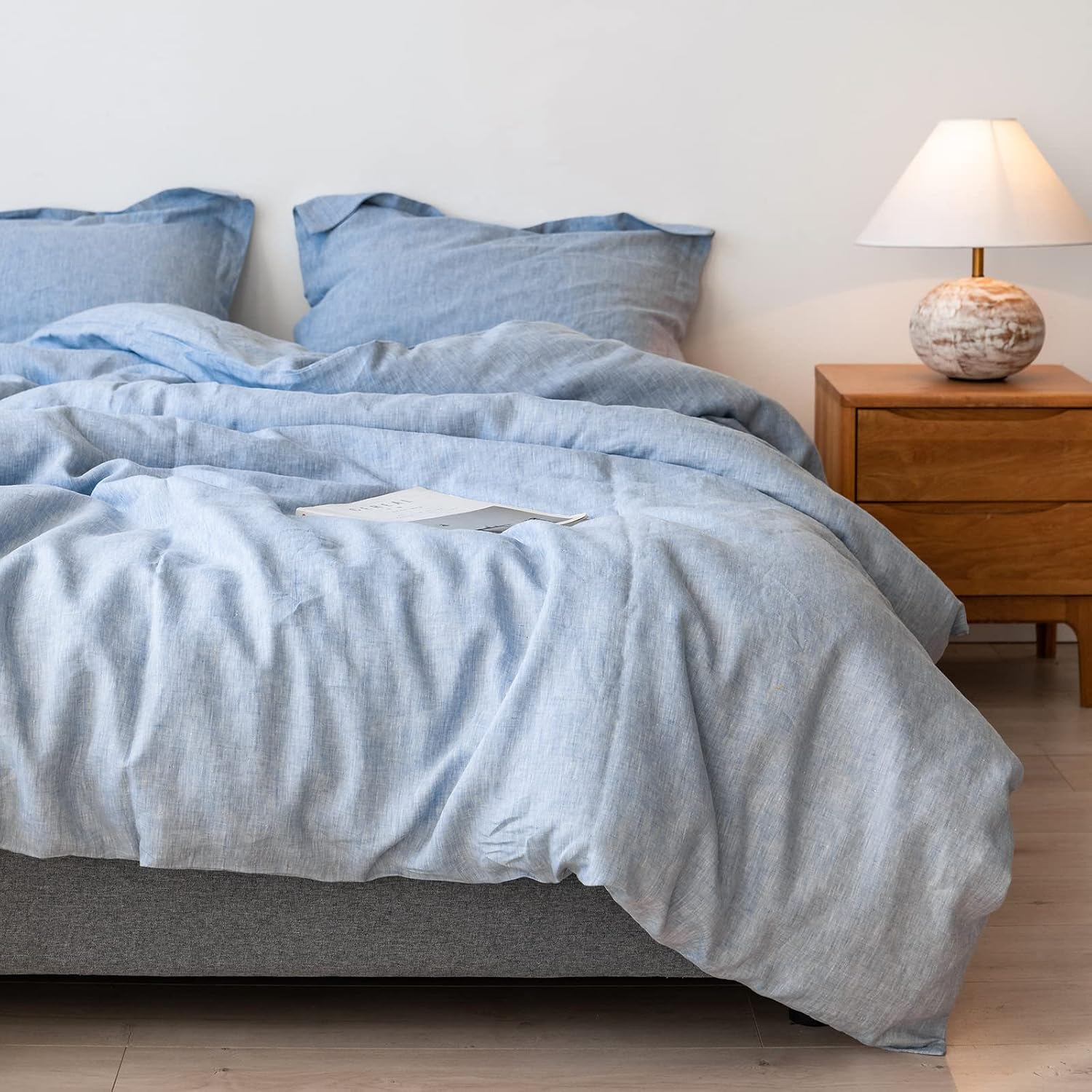 Simple&Opulence 100% Linen Duvet Cover Set Basic Style Stone Washed French Flax- 3 Pieces (1 Duvet Cover & 2 Pillow Shams) with Button Closure Soft Breathable Farmhouse - Light Blue, King