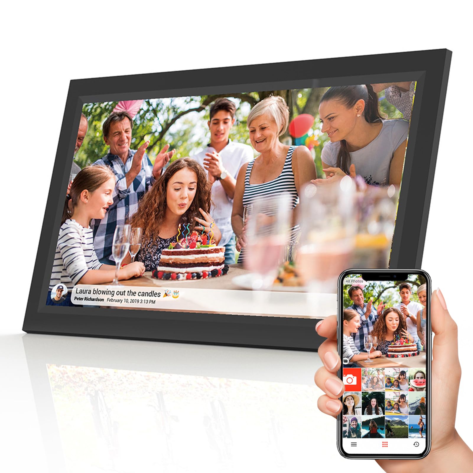 Jectse 15 Inch Touch Digital Picture Frame, 32GB Auto Rotation WiFi Smart Frame with Slideshow Playback, Share Photos Videos Via Vphoto APP (UK Plug)