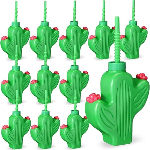 Domensi Vasos de regalo para fiesta del Cinco de Mayo mexicano de 10 onzas con tapas y pajitas, tazas reutilizables de plástico de cactus a granel
