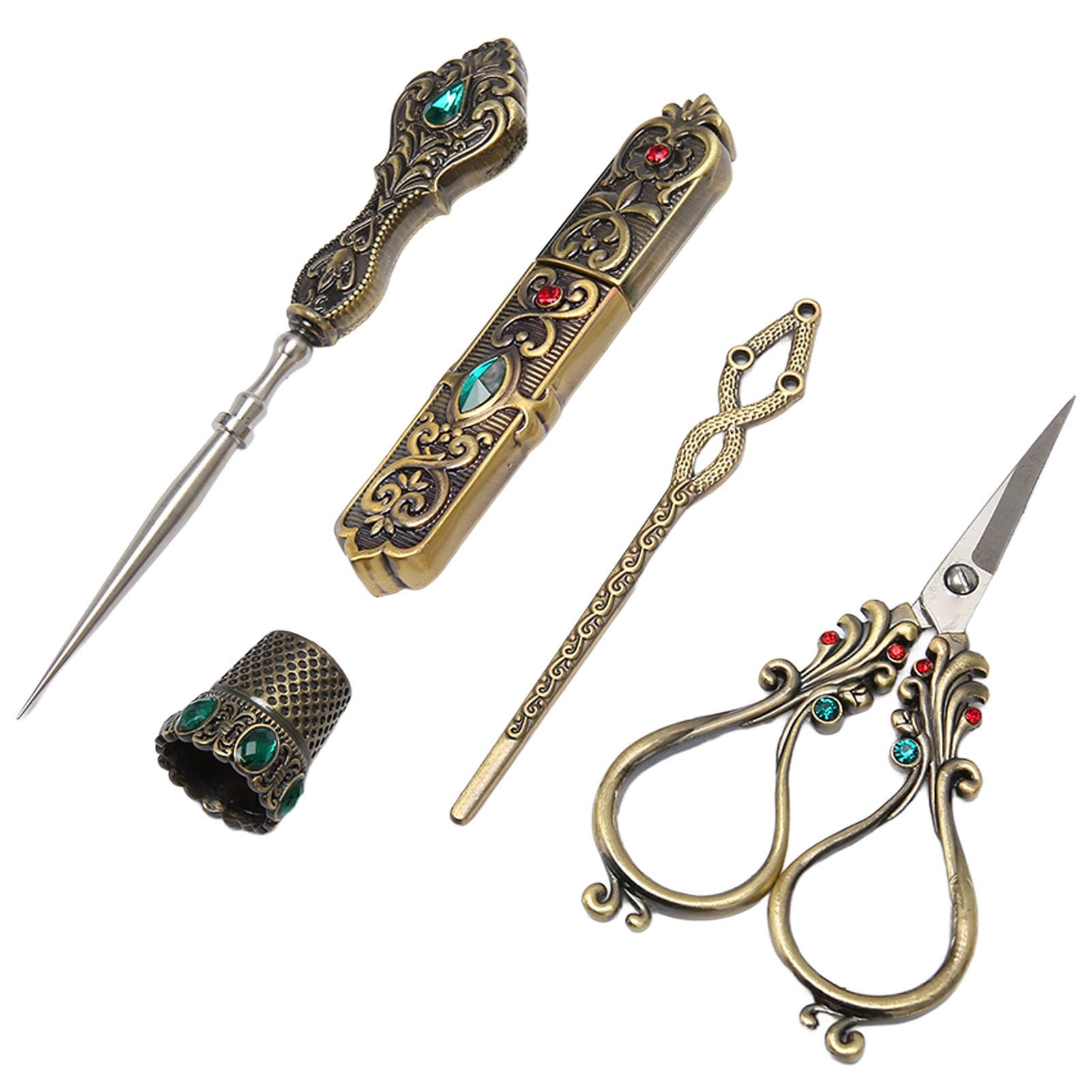 Juego Completo de Herramientas de Costura con Diseño Vintage, Kit de Costura Vintage de Aleación con Dedal, Enhebrador, Estuche para Agujas, Punzón, Tijeras Vintage de Bronce,