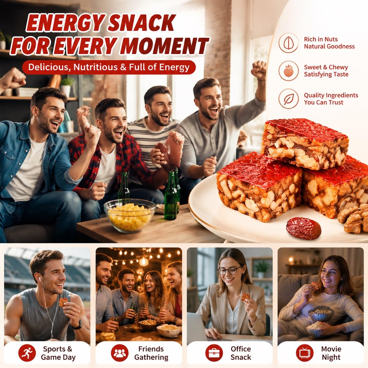 Dátiles Rojos Rellenos De Nueces 250g - Bolsa Aperitivo Sano | Jujubes premium y trozos crujientes enteros. Empaques al vacío individuales para obtener energía sabrosa portátil.(2pcs)
