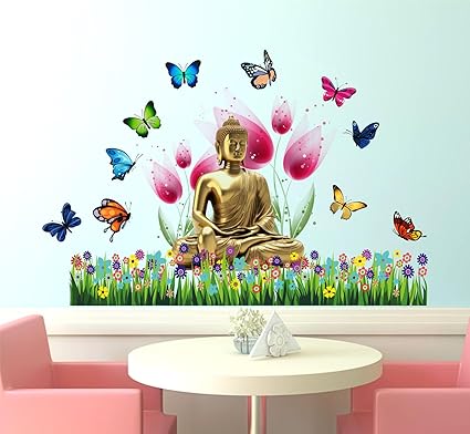Sticker Yard Meditating Buddha On Grass PVC Vinyl Wall Sticker for Home Decor/Decoration - Living Room, Bedroom, Kids Room (Multicolor, Size: 82X54 CM)