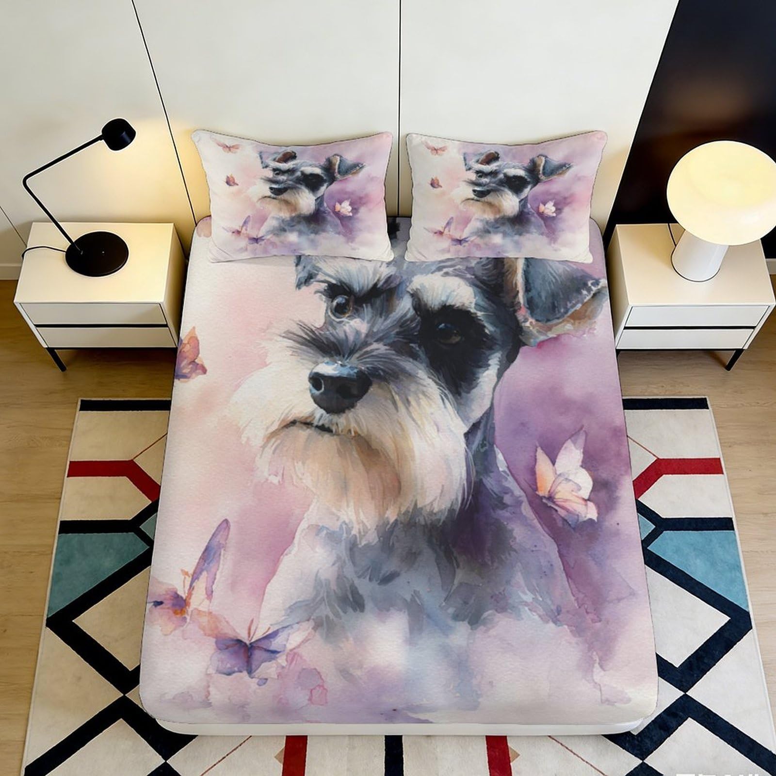 3D Printed Watercolor Schnauzer Fitted Sheet Microfiber Soft Breathable Butterfly Bed Cover for Bedroom Dormitory Guest Room Mattress Protection Decor 140x200x25cm