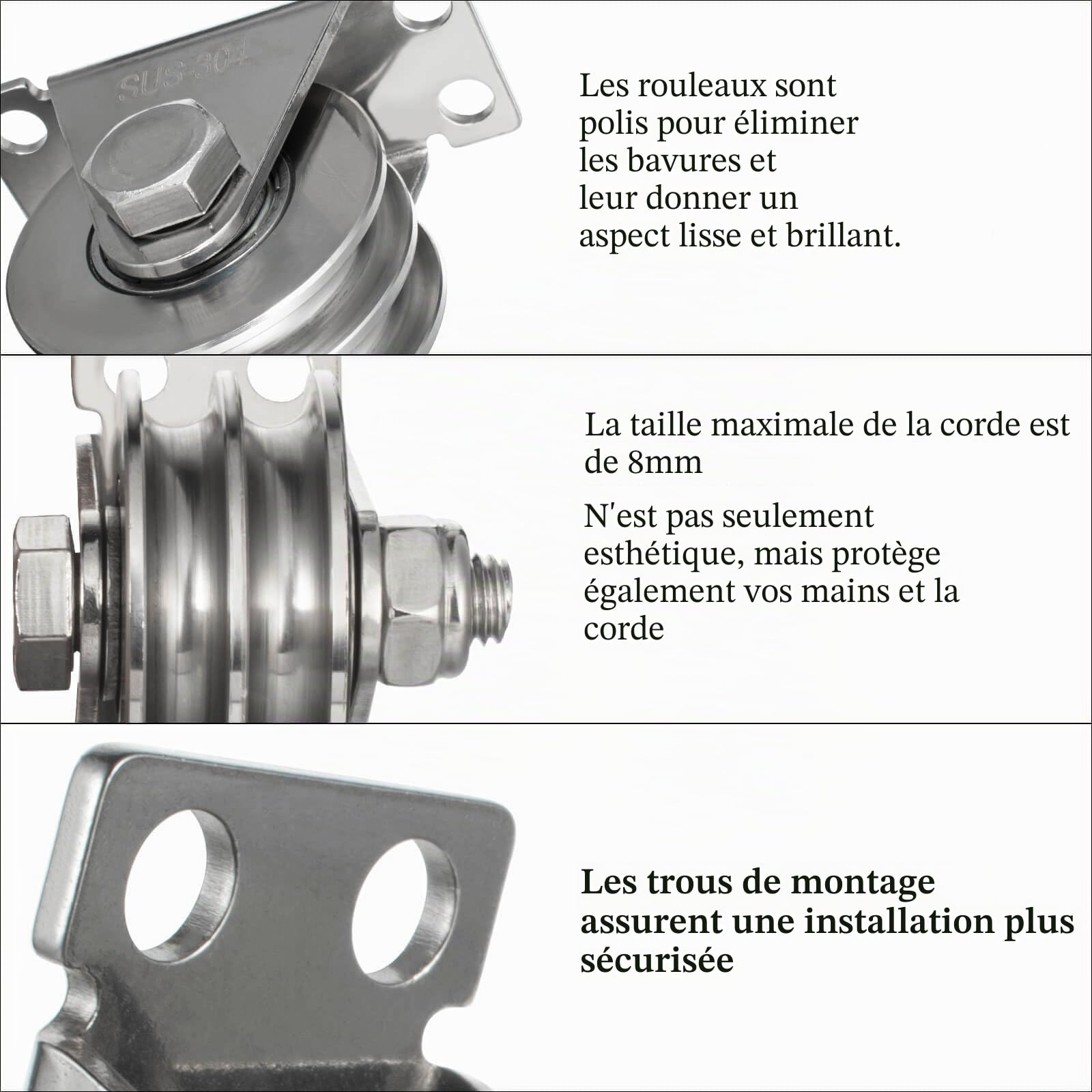 Poulie double avec 2 roulements à billes, treuil en acier inoxydable, poulies pour cordes de 8 mm en acier, capacité de charge 500 kg, lot de 2 pièces KCNOFNC Poulie double avec 2 roulements à