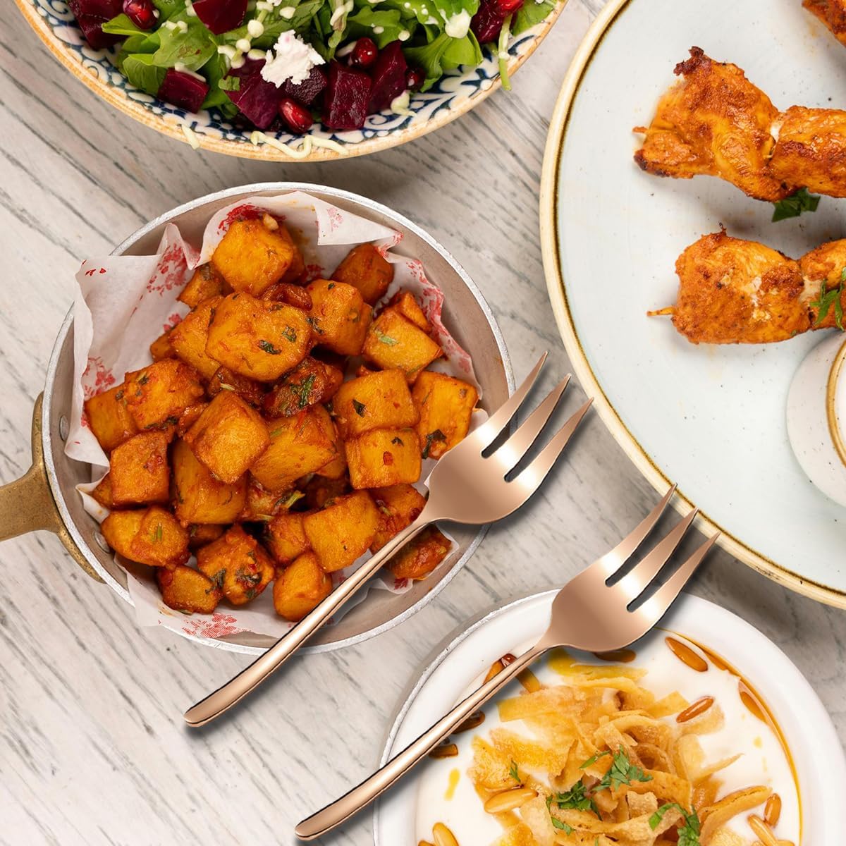 Copper Meat Fork 2 Pieces, Stainless Steel Forks Silverware Set, Cold Meat Fork for Home, Kitchen or Restaurant, Dishwasher Safe