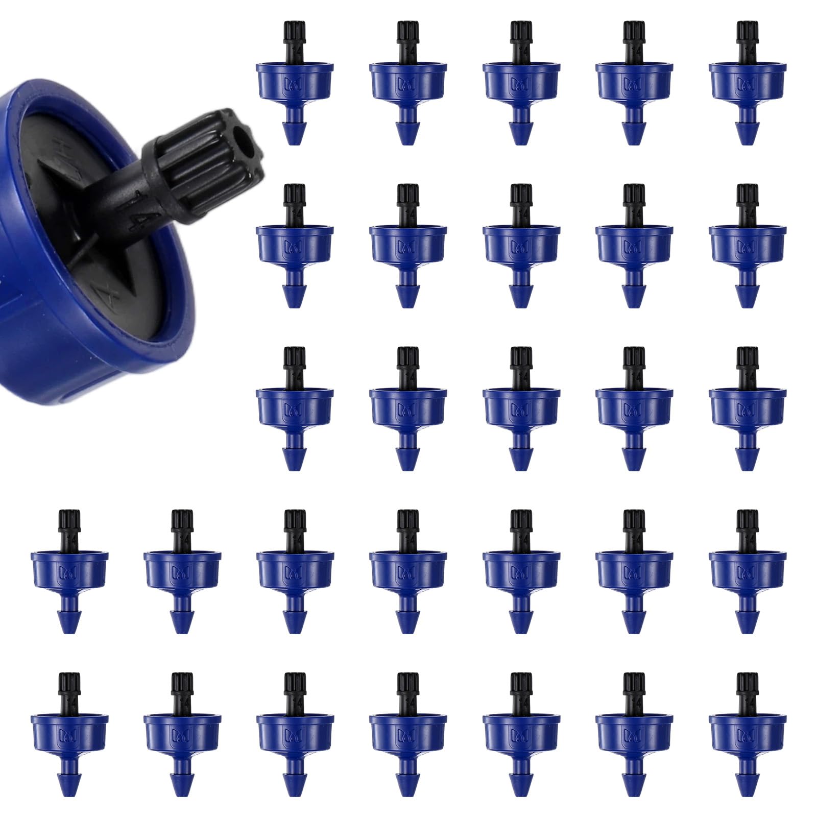 M METERXITY 30-Pack 1.1 GPH Pressure Compensating Drippers, Drip Irrigation Emitters for Garden Lawn/Pots Plant Irrigation Systems, Drip Sprinkler Heads [Blue+Black]
