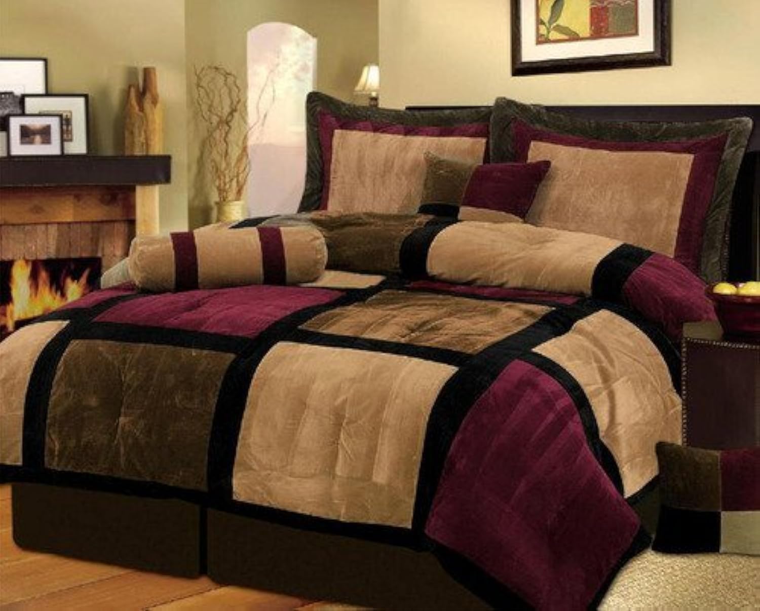 ( incomplete)Grand Linen 7 Piece Burgundy Brown Black Bed in a Bag Micro Suede Queen Comforter Set with Accent Pillows
