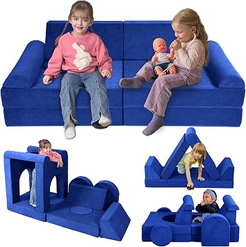 Toddler Couch, 12-Piece Modular Kids Play Couch for Bedroom, Blue