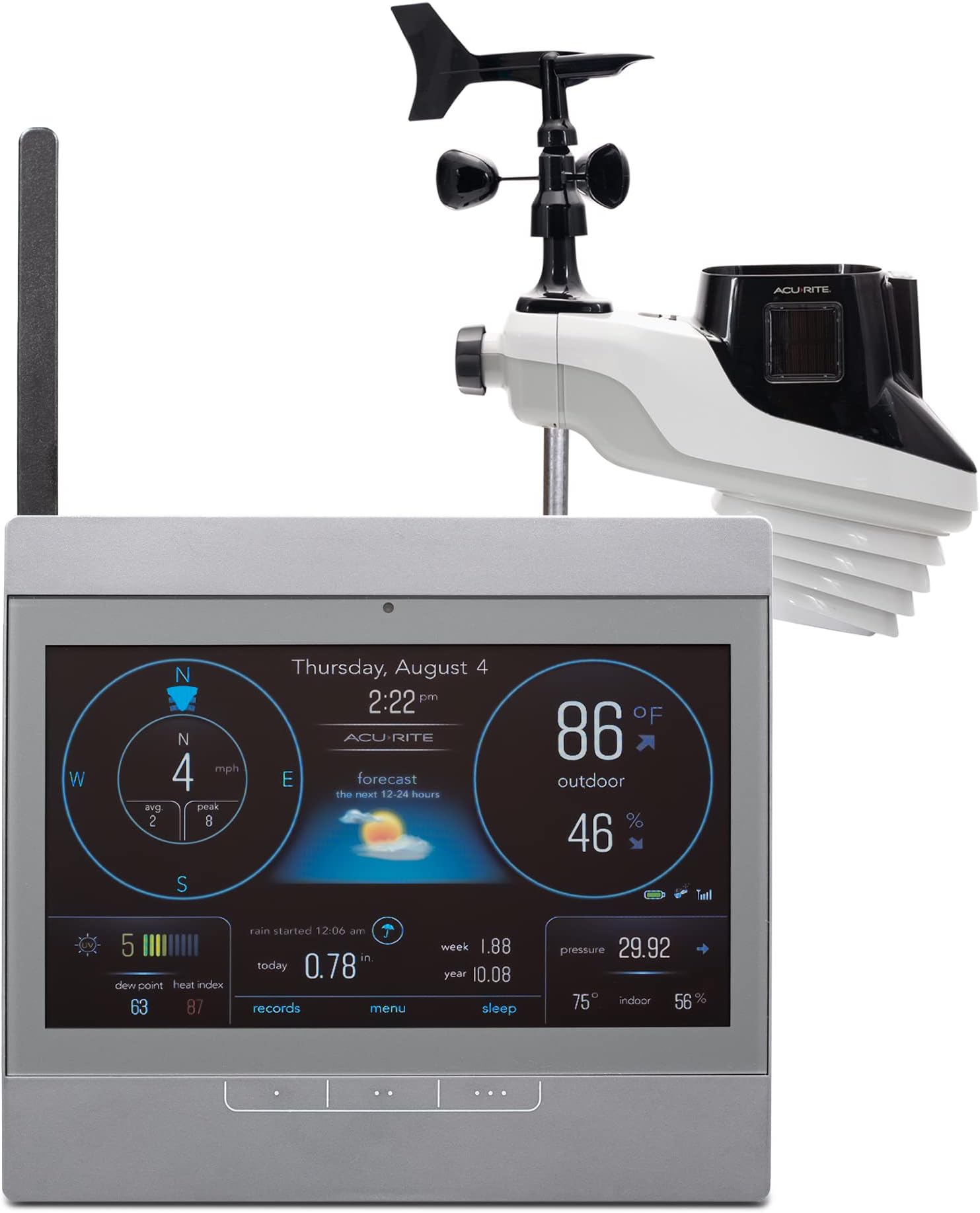 AcuRite Atlas Weather Station with Gray High-Definition Display for Temperature, Humidity, Wind Speed, and Wind Direction with Hyperlocal Forecast, Programmable Alerts, and Built-In Barometer (01125M)