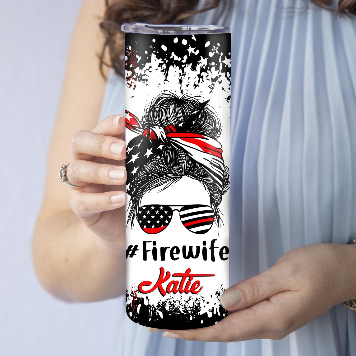 Hyturtle Personalized Firefighter Wife Skinny Tumbler Gifts For Women - Birthday Gifts For Firefighter Wife - Fire Wifey Gift - Thin Red Line USA Flag Custom Name 20oz Stainless Steel Tumbler