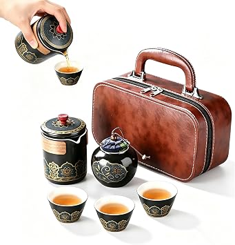 Ceramic Kungfu Tea Sets,Protable Travel Tea Set With,Tea Pot, 3x Tea Cups, Tea Canister, Carrying Case|Asian Tea Set Suitable for Office, Picnic, Home, BusinessTrip