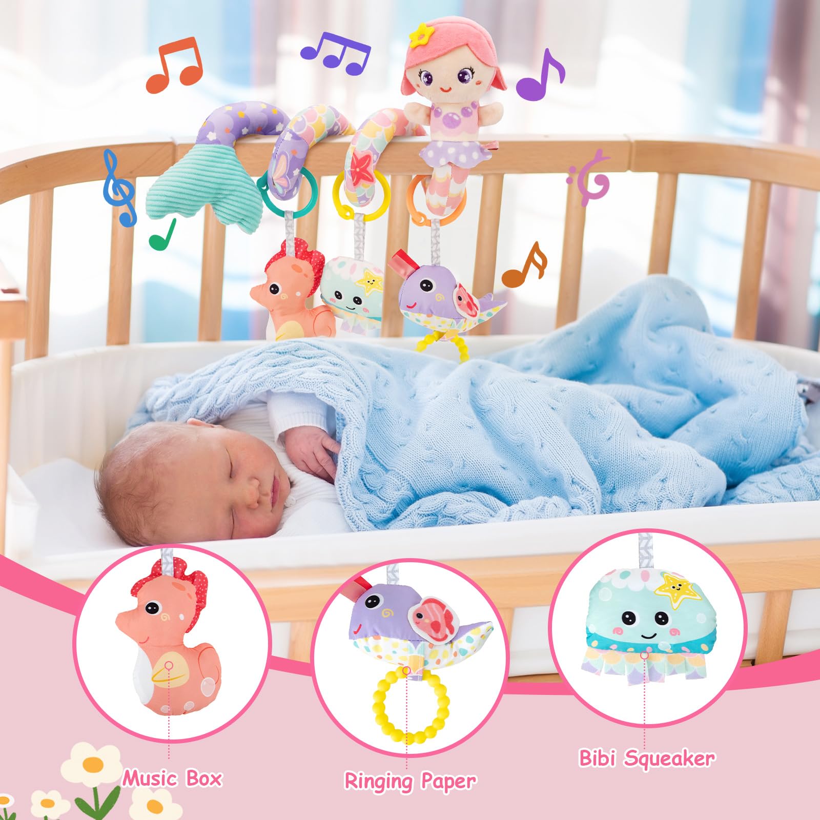 Funsland Giocattolo a Spirale Passeggino Neonato - Giochi Passeggino Neonati Regalo per 0 3 6 Mesi Ragazze, Peluche Giocattolo a Spirale con Musica per Culla Neonato/Seggiolino Auto, Rosa