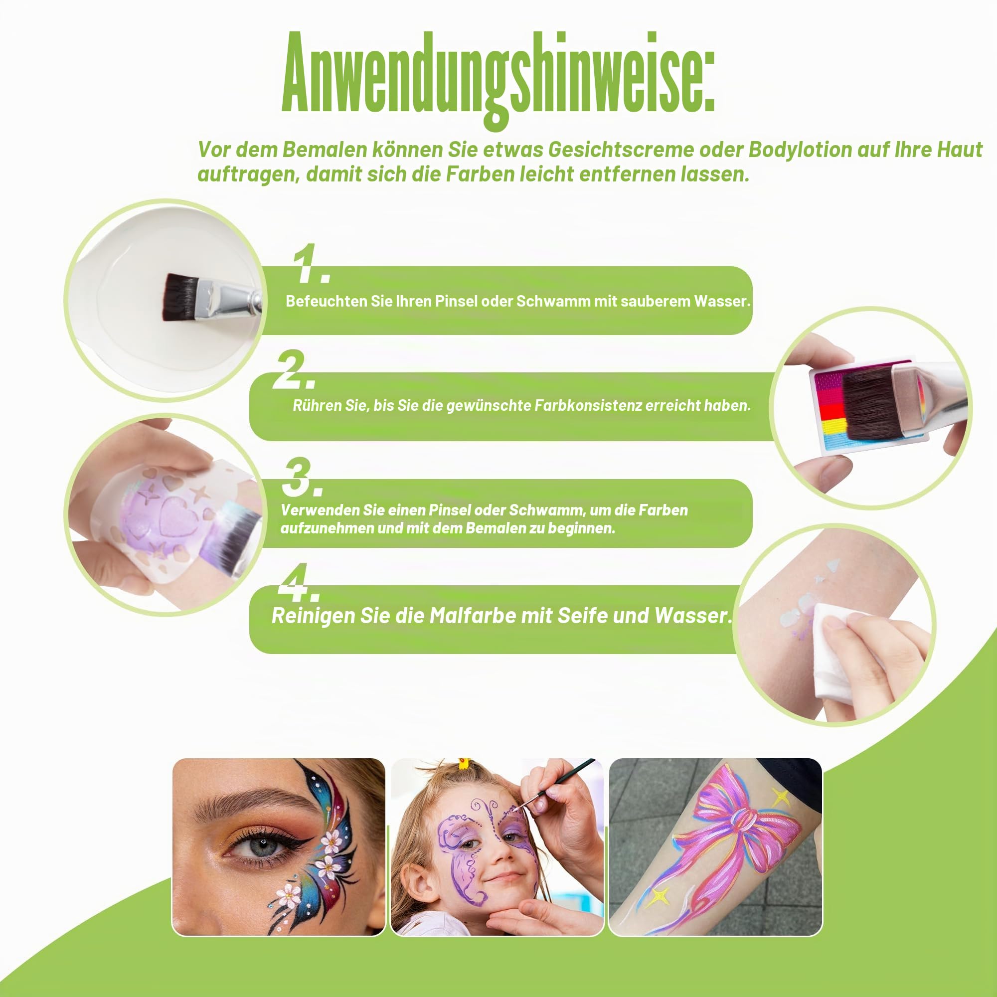 Gesichtsfarbe-Set Professionell, Bodypainting Farben Ungiftig, Face Paint Wasseraktivierte Farbpalette mit Pinsel, Schablone, Edelsteinen, Schwamm für Halloween, Karneval, Kostüme und Körperkunst