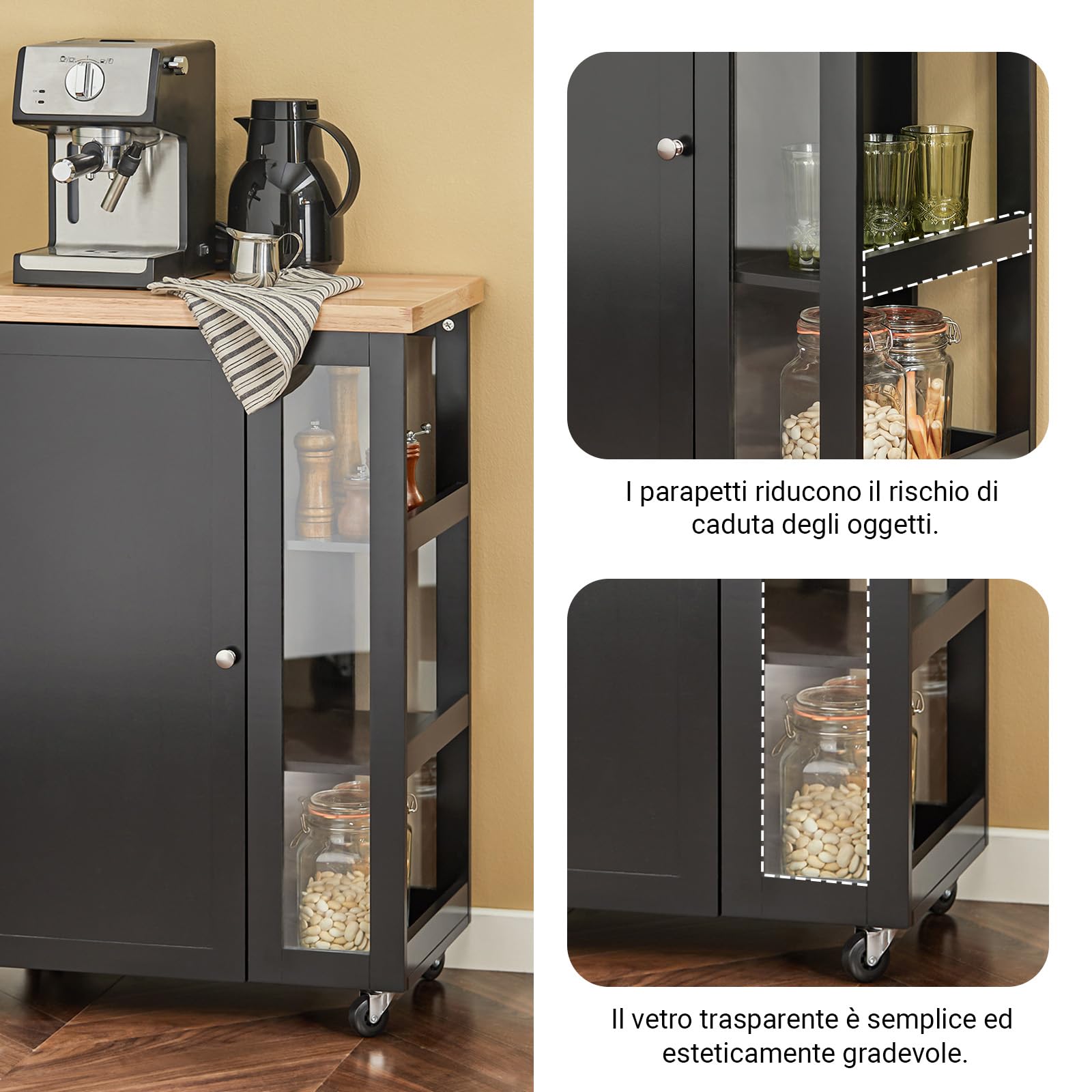 SoBuy Carrello Cucina con Ruote, Struttura Reversibile, Mobile Cucina Salvaspazio con Ripiani Regolabili, Isola Cucina per Cucina, Sala da Pranzo e Angolo Caffè, Nero 60×40×90 cm FKW75-SCH
