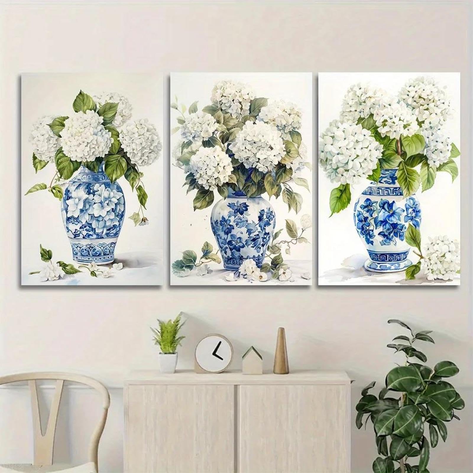 Baibexing Hydrangea Floral Bouquet White Blooms In Blue And White Vases Canvas Painting Poster Prints Wall Art Picture 50X70Cmx3Pcs Unframed
