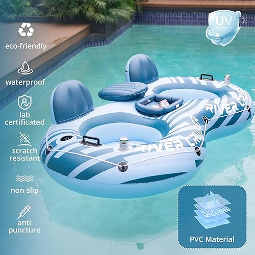 Miniatura 4 de 2025 Upgrade River Tube Floats for Adults Heavy Duty Pool Floats Inflatable Water Tube with Cup Holeder, Drink Cooler and Mesh Bottom Backrest (2