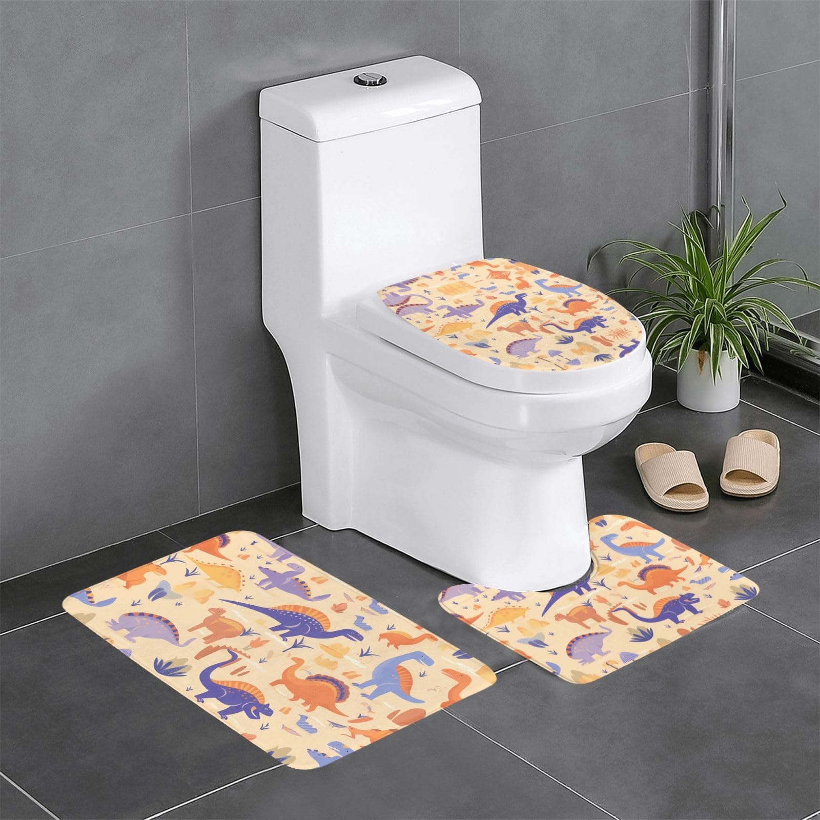 Tapis de salle de bain dinosaure violet antidérapant en lot de 3 pièces