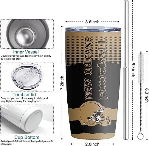 Miniatura 3 de Vaso aislado de acero inoxidable de 20 onzas con tapa y popotes, regalo para fanáticos del fútbol americano para doble pared, reutilizable, mantiene