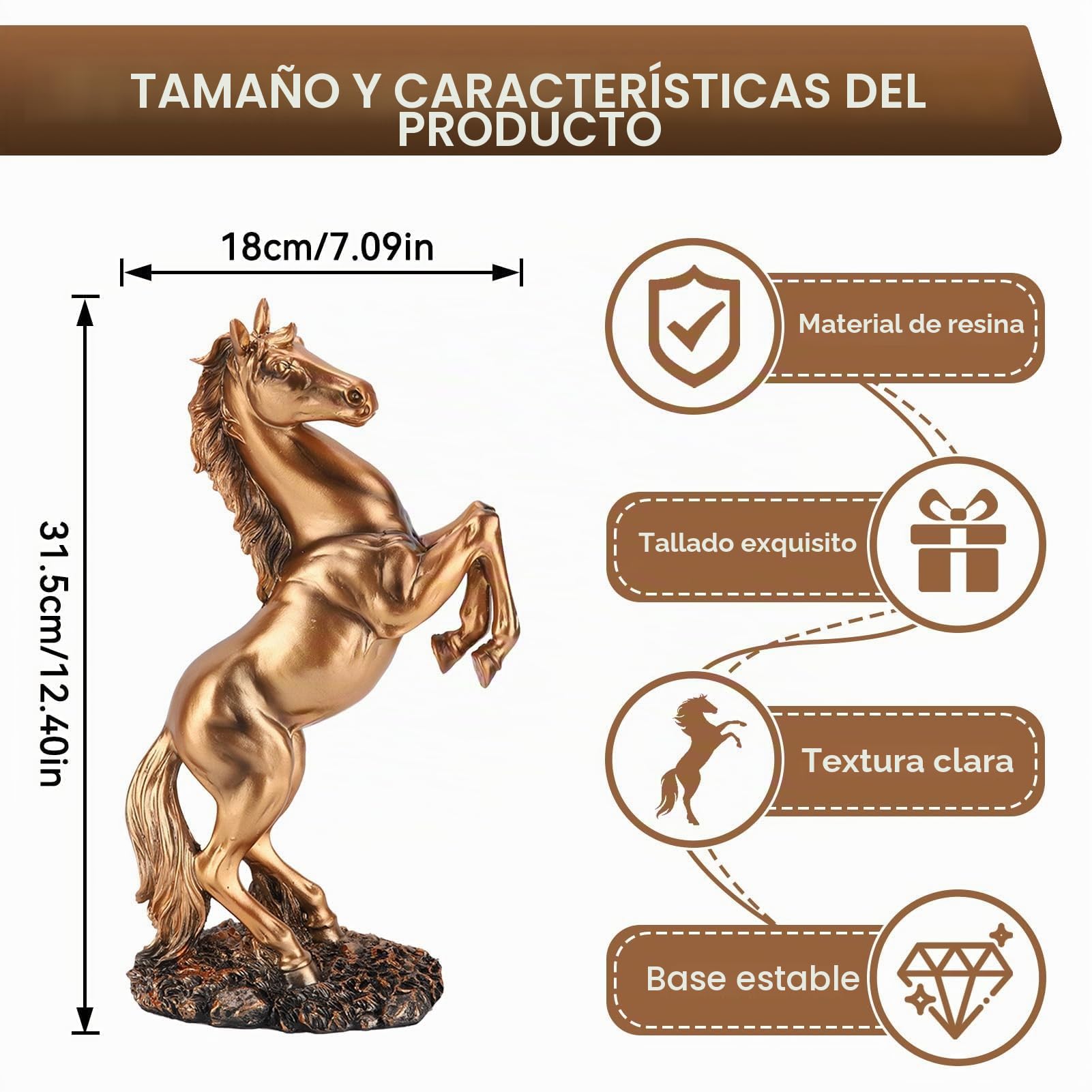 HERCHR Estatua de Caballo de pie Estatua de Resina, Estilo Europeo Escultura decoración Animal, Oro Blanco Cobre Acabado Feng Shui Ornamento para la estantería de Escritorio de la Oficina en el hogar