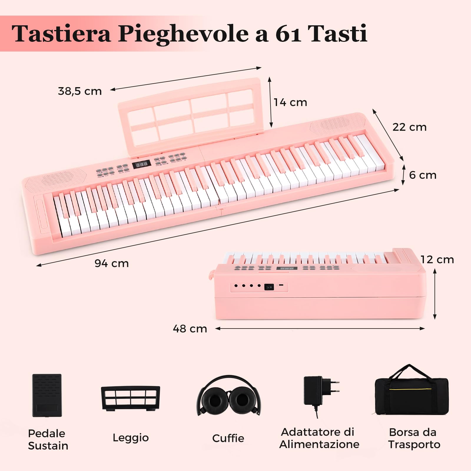 COSTWAY Tastiera Pianoforte Pieghevole a 61 Tasti, Tastiera Elettronica con Funzione MIDI, Cuffie, Pedale Sustain, Pianoforte Digitale Portatile per Principianti (Rosa)