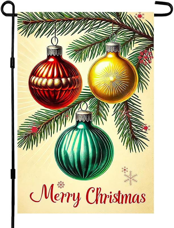 Christmas Ornament Garden Flag 12x18 in Pine Branch Holiday Decor | Christmas ornament garden flag with pine branch and Merry Christmas design for yard lawn porch garden holiday decor