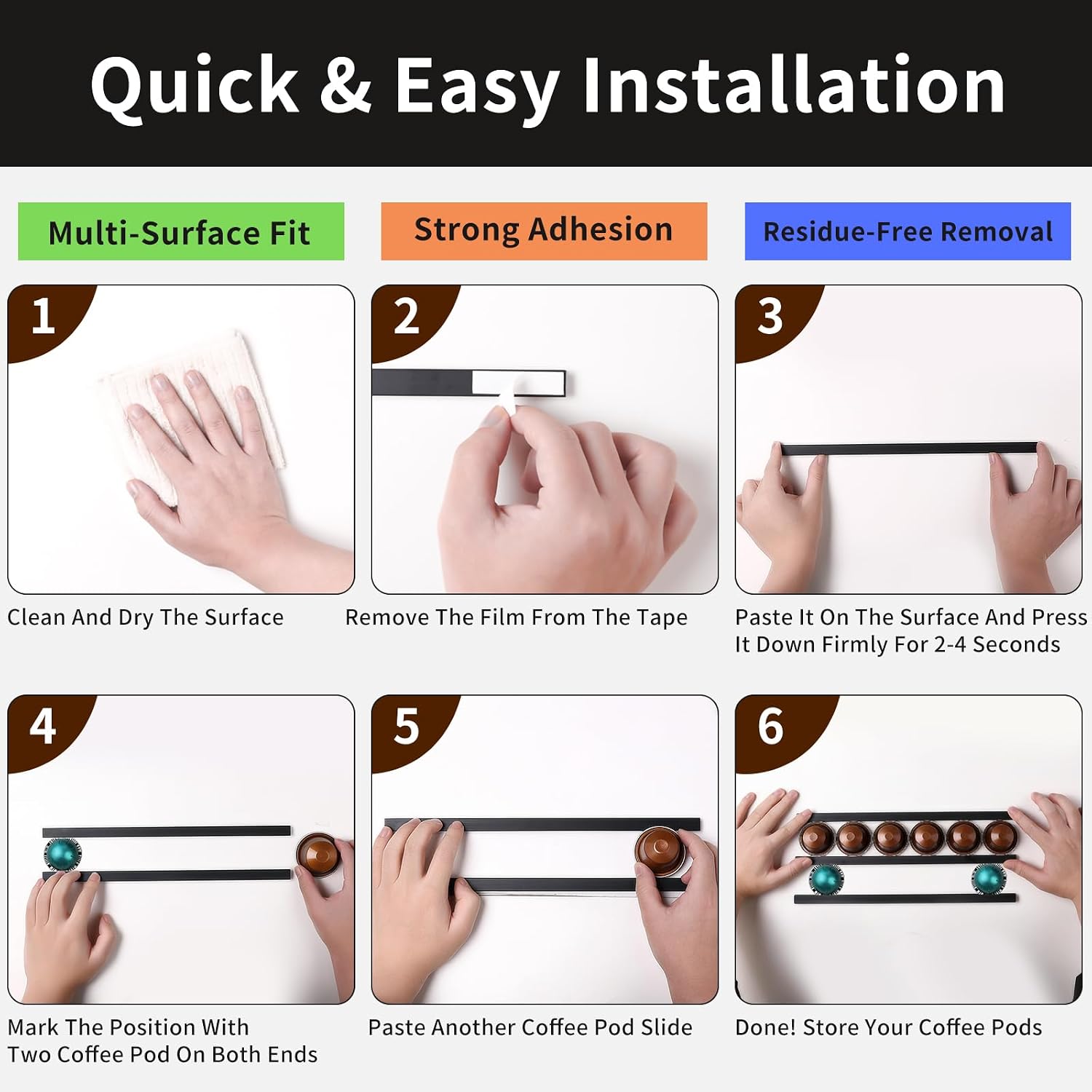 Coffee Pod Holder Wall Mount - 6 Pack Organizer Storage with Strong Adhesive Tape, Space Saving Countertop Coffee Capsule Holder Compatible with Keurig, Nespresso Vertuo & OriginalLine Pods (Black)