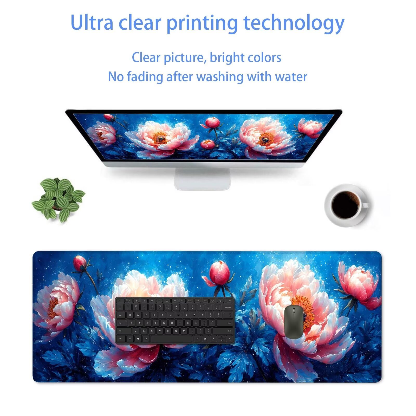 Blu Tappetino Mouse Gaming, Tappetino Mouse XXL 1200 x 500 mm, Tappetino Mouse Fiore, Mouse Pad con Base Antiscivolo, Bordi Cuciti Tappetino per Mouse, Tappetino Mouse Gaming di Alta Precisione S-163