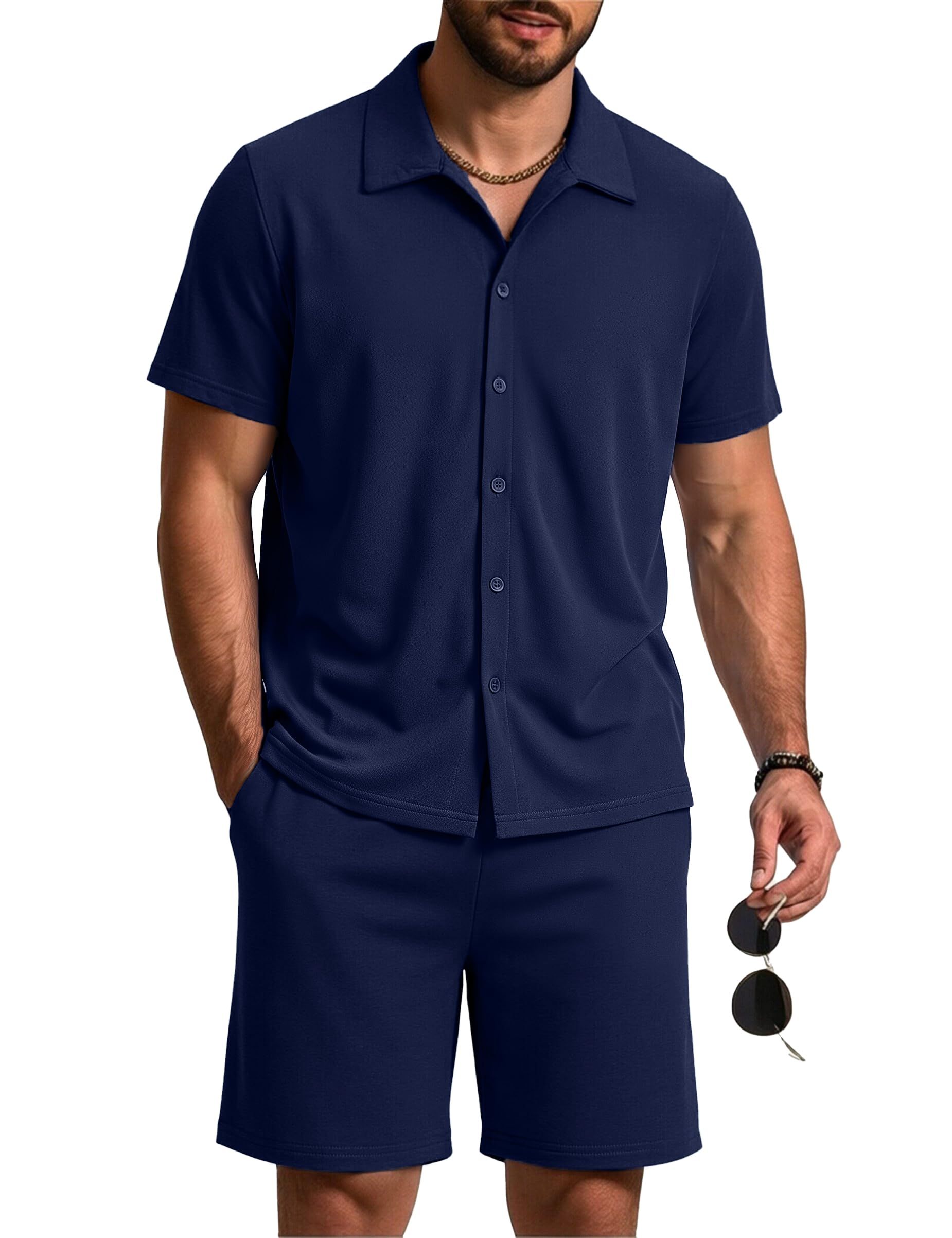 Aseniza Pyjama Homme Été Ensemble de Pyjama Court Chemise en Coton et Short Vêtements de Nuit à Manches Courtes avec Col en V et Boutons Loungewear 2 Pièces