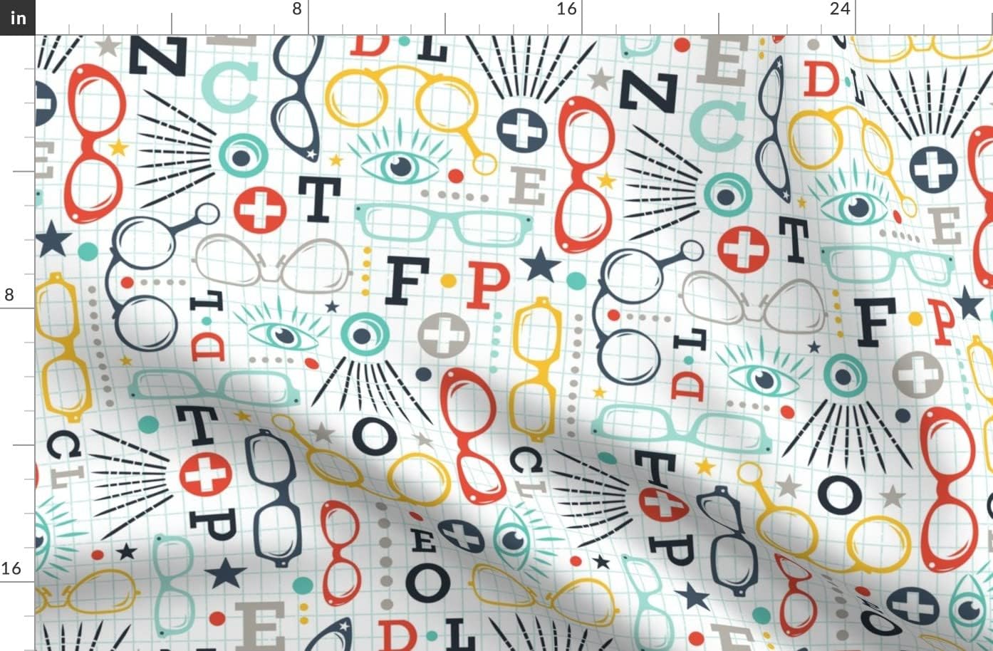 Spoonflower Fabric - White Multi Color Aqua Glasses Eye Medical Classroom Check Doctor Grid Printed on Organic Cotton Sateen Fabric by The Yard - Sewing Quilting Apparel Home Decor