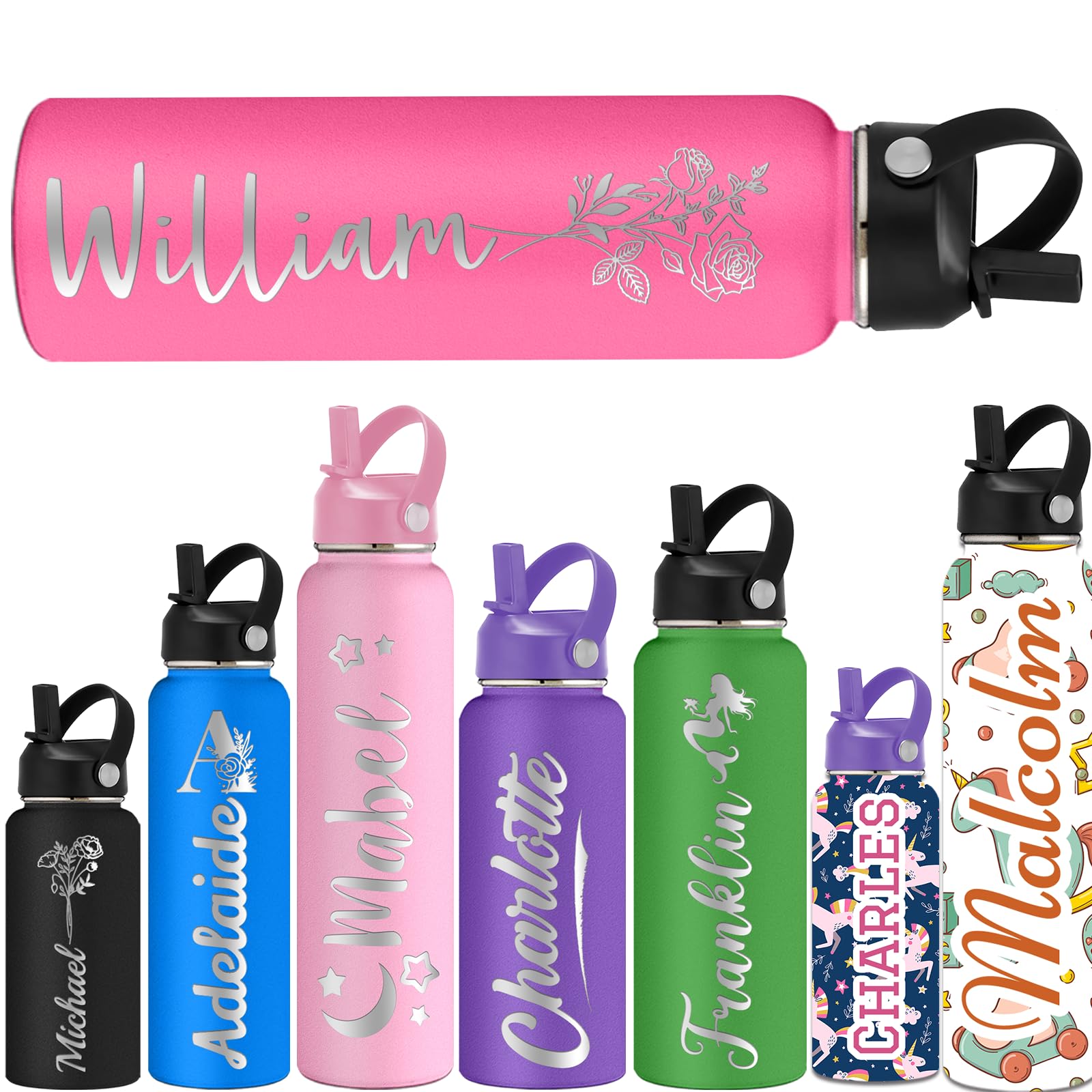 Personalized Stainless Steel Water Bottle | Custom Name Engraved, 24oz/32oz/40oz, 8 Colors, With Straw Lid
