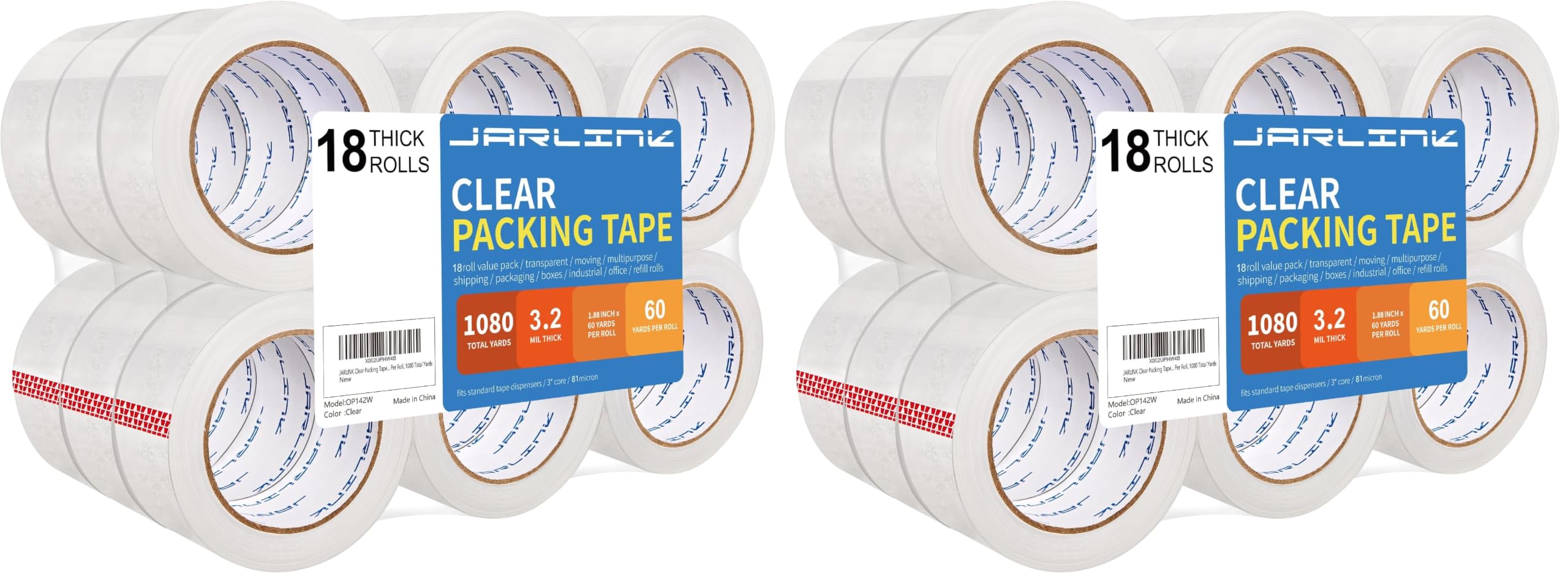 JARLINK 18 Rolls Clear Packing Tape, Heavy Duty Packaging Tape (Pack of 2)